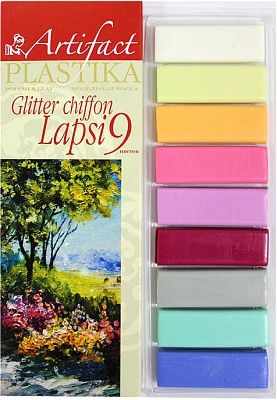 Набор пластики Артефакт LAPSI GLITTER CHIFFON 9 цветов 180 г в картонной упаковке | Шкатулка идей